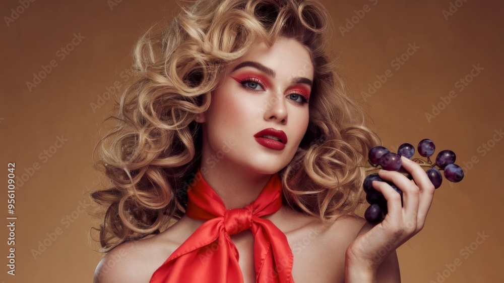 Naklejka premium Portrait of a confident woman with voluminous curly blonde hair and bold red makeup, holding a bunch of grapes while wearing a red scarf, against a warm studio background