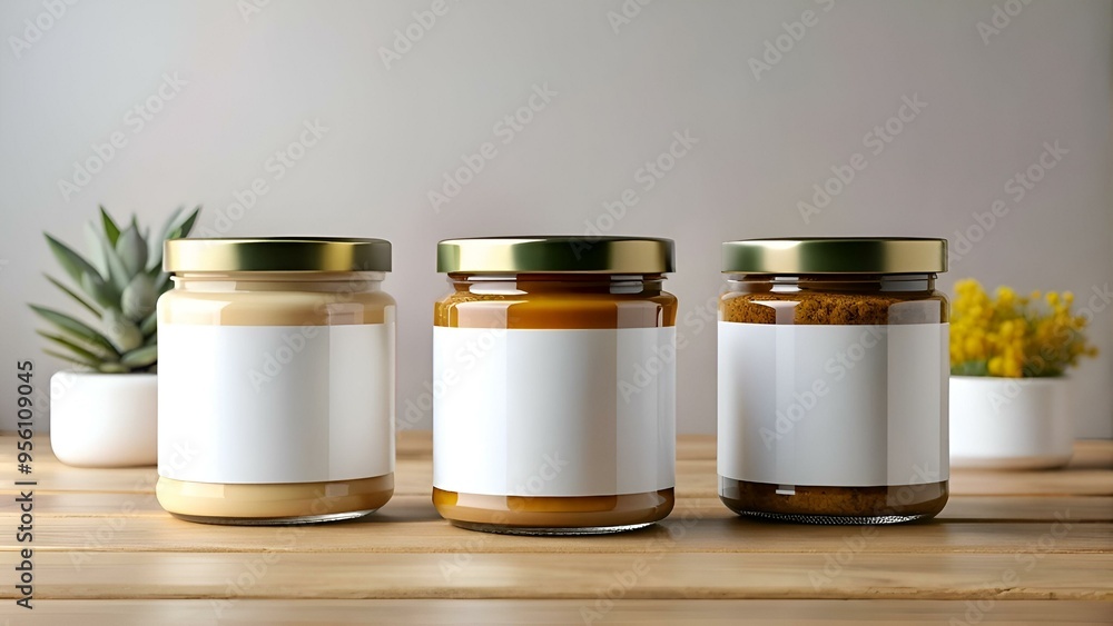 Three glass jars with blank white labels on a wooden table. Three glass jars with blank white labels on a wooden table.