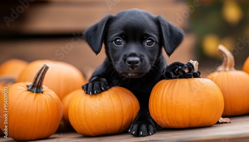 Adorable Puppy in Black Halloween Costume with Pumpkin: Festive Pet Portrait for Holiday Marketing, NFT Art, and Apparel Design. Cute Animal Celebration Embracing Cultural Diversity and Freedom in Hig