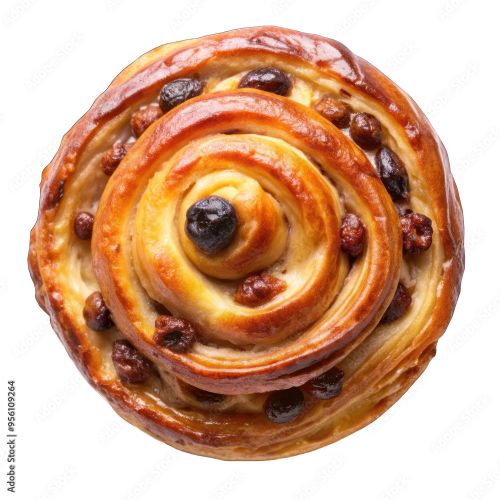 Fototapeta premium Raisin danish pastry top view close up isolated on transparent background