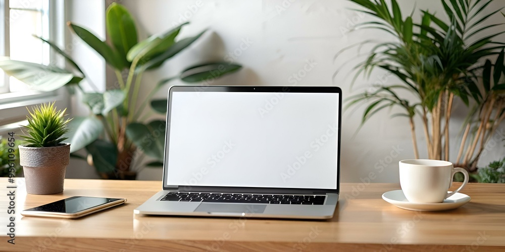 A clean and minimalist desk scene featuring a laptop with a blank white screen. a smartphone. a potted plant. and a coffee cup. A clean and minimalist desk scene featuring a laptop with a blank white screen. a smartphone. a potted plant. and a coffee cup.