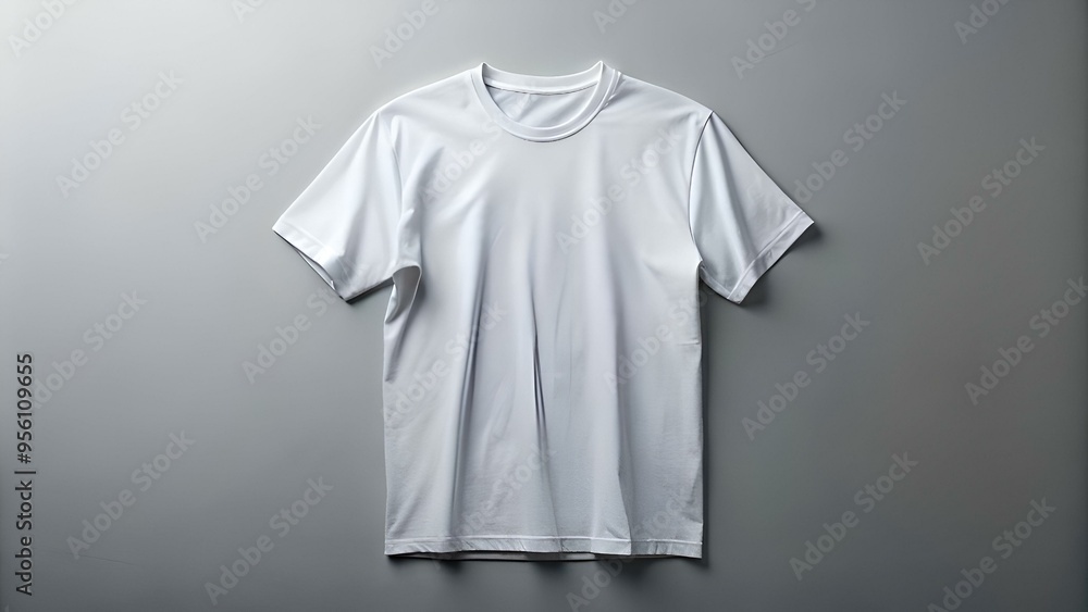 A clean and simple white t shirt laid flat on a grey background. A clean and simple white t shirt laid flat on a grey background.