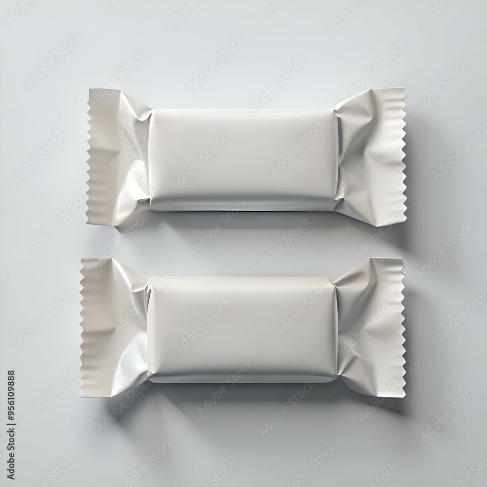 Two blank white foil packaging mockups for your design. Two blank white foil packaging mockups for your design.