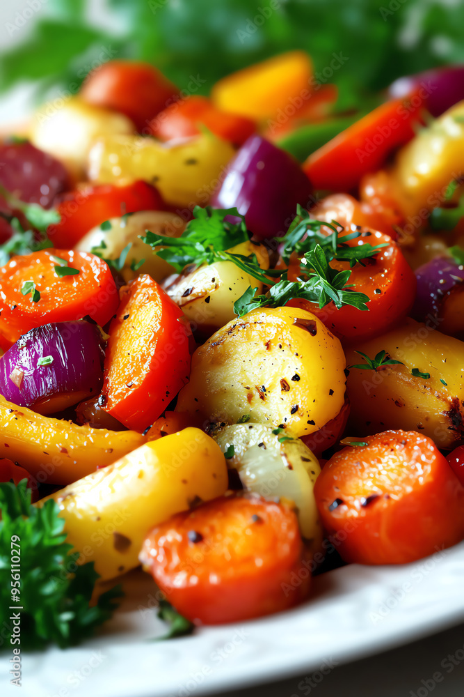Colorful roasted vegetables including carrots and onions garnished with fresh parsley on a white plate. Colorful roasted vegetables including carrots and onions garnished with fresh parsley on a white plate.
