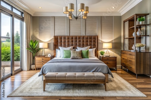 A chic bedroom escape features a sleek headboard, minimalist bed frame, and matching nightstands, paired with a