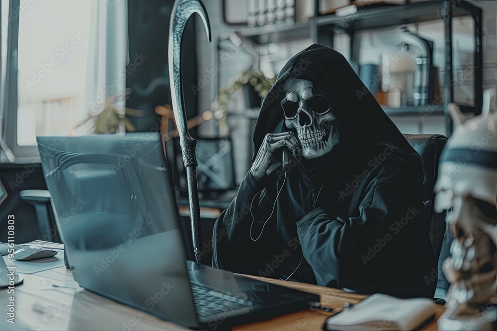 Devil employee in black cloak and skeleton mask sitting at workplace in office. Devil employee in black cloak and skeleton mask sitting at workplace in office.