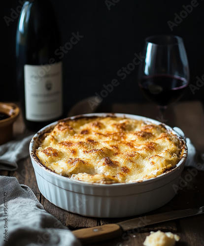 Rustic lasagna next to a standing wine glass. AI generative.