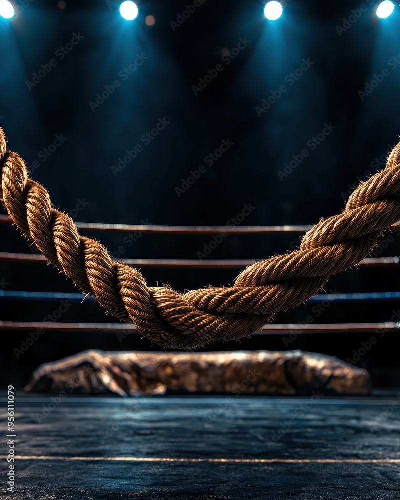 Fototapeta premium Close-up of a boxing ring with ropes and spotlight, highlighting the intense atmosphere of a match.
