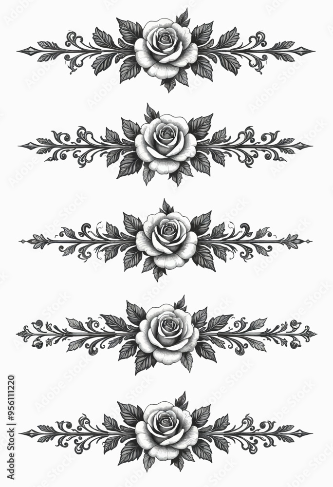 Floral Decoration: Elegant Black and White Rose and Leaf Designs Floral Decoration: Elegant Black and White Rose and Leaf Designs