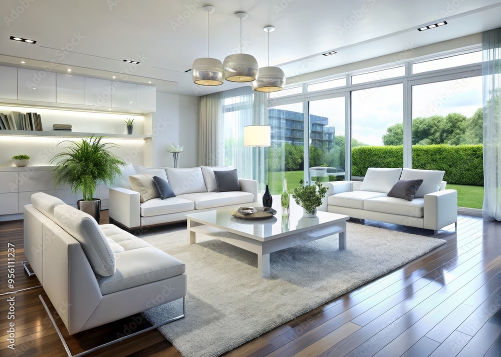 A contemporary living room featuring high-gloss white furniture, sleek lines, and modern accents creates a bright and A contemporary living room featuring high-gloss white furniture, sleek lines, and modern accents creates a bright and