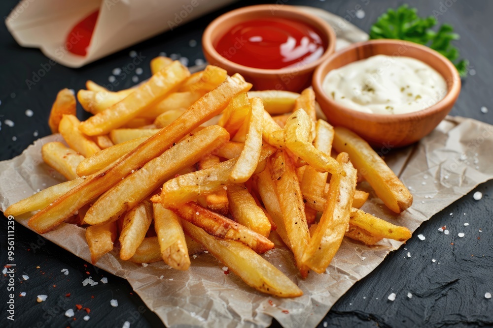 Tasty french fries potatoes on paper with sauces over black stone background. Hot fast food Tasty french fries potatoes on paper with sauces over black stone background. Hot fast food