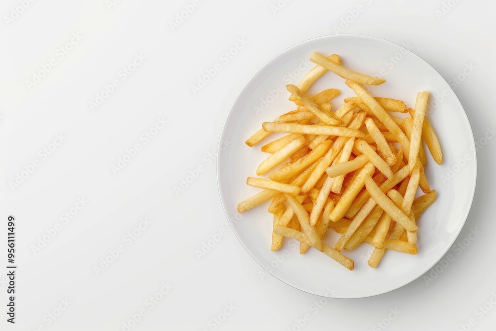 Top view Potato fries on white plate isolated on white background. Top view Potato fries on white plate isolated on white background.