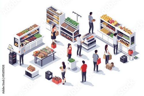 Isometric supermarket interior with customers, products and shopping carts