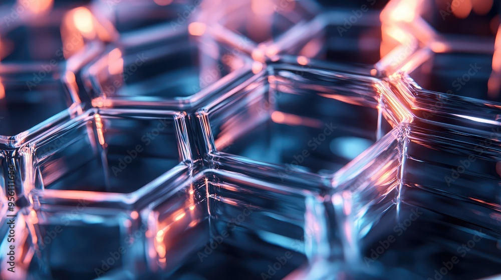 Fototapeta premium Interconnected glass octagons with soft internal glows, forming an abstract, continuous geometric loop