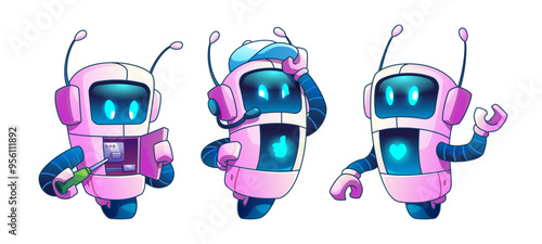 Cute ai robot character. Chat bot mascot cartoon illustration. Futuristic artificial intelligence chatbot set. Funny virtual cyborg with love expression and smile emoticon. Happy alien symbol