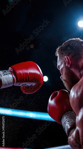 Dynamic boxing match moment highlighting intense concentration and powerful punches in a vibrant arena setting.