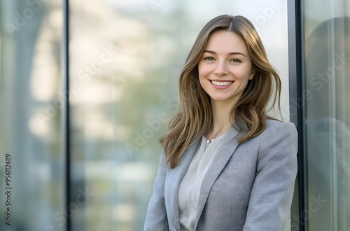 portrait of smiling business woman standing in front of modern office building