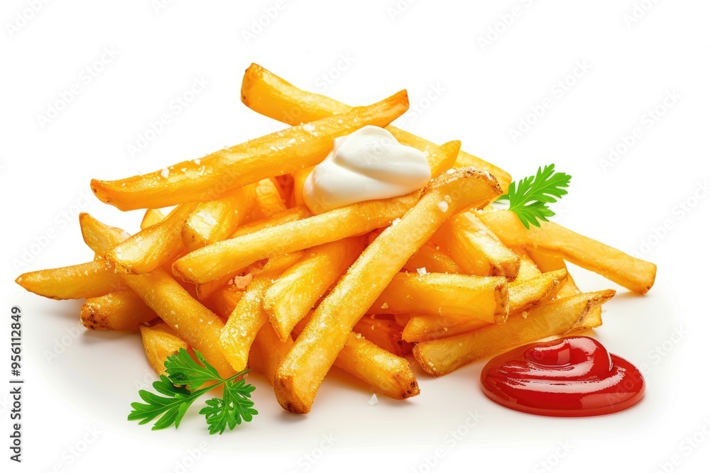 Variety of French fries and potato chips with condiments. Variety of French fries and potato chips with condiments.