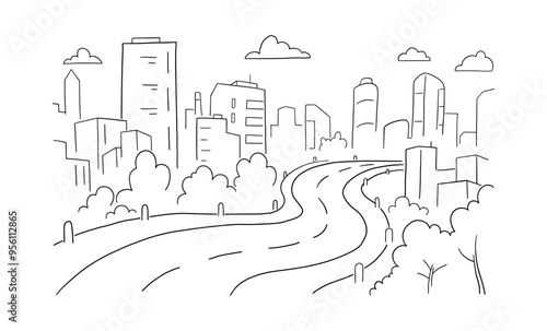 Road street turn in the city. Hand-Drawn Sketch. Vector illustration.