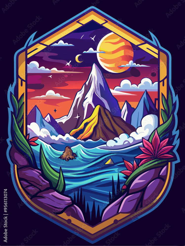 A Mountainous Landscape with a Vivid Sunset and a Large Celestial Body A Mountainous Landscape with a Vivid Sunset and a Large Celestial Body