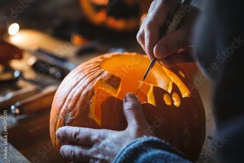 Close-up of hands carving a Halloween pumpkin with intricate details. photo