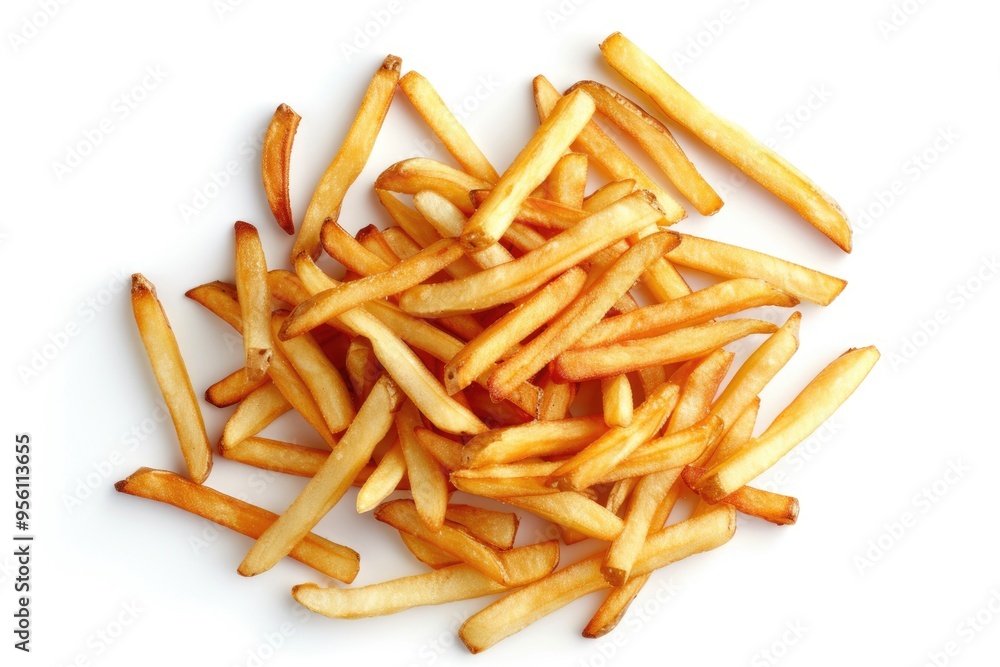 Homemade deep fried French fries on white background viewed from above Homemade deep fried French fries on white background viewed from above