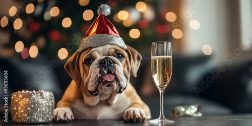 Festive French Bulldog in Champagne Glass: Whimsical Holiday Marketing Concept. Adorable Canine Celebration for New Year's Eve 2025-2026. Versatile Illustration for NFT Art, Apparel Design, and Season