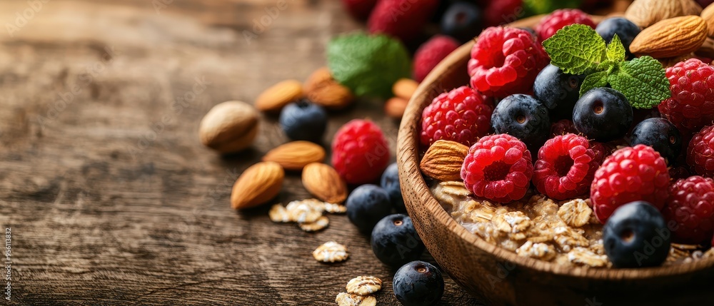 Fresh raspberries, blueberries, and almonds in a wooden bowl with oats, perfect for healthy breakfasts and snacks. Fresh raspberries, blueberries, and almonds in a wooden bowl with oats, perfect for healthy breakfasts and snacks.