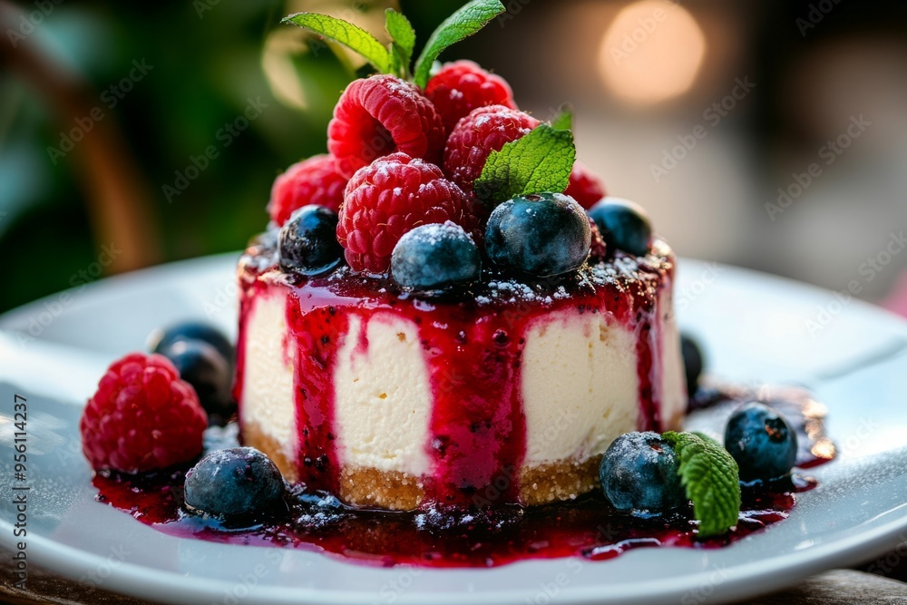 Delicious cheesecake topped with fresh raspberries and blueberries. The dessert is colorful and inviting. Perfect for a sweet treat. Generative AI Delicious cheesecake topped with fresh raspberries and blueberries. The dessert is colorful and inviting. Perfect for a sweet treat. Generative AI
