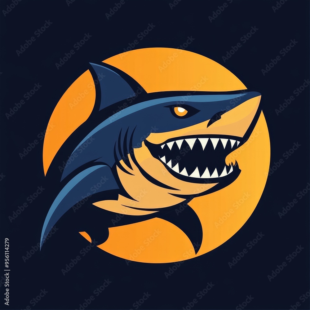Obraz premium Aggressive Shark with Open Mouth in Front of a Yellow Circle