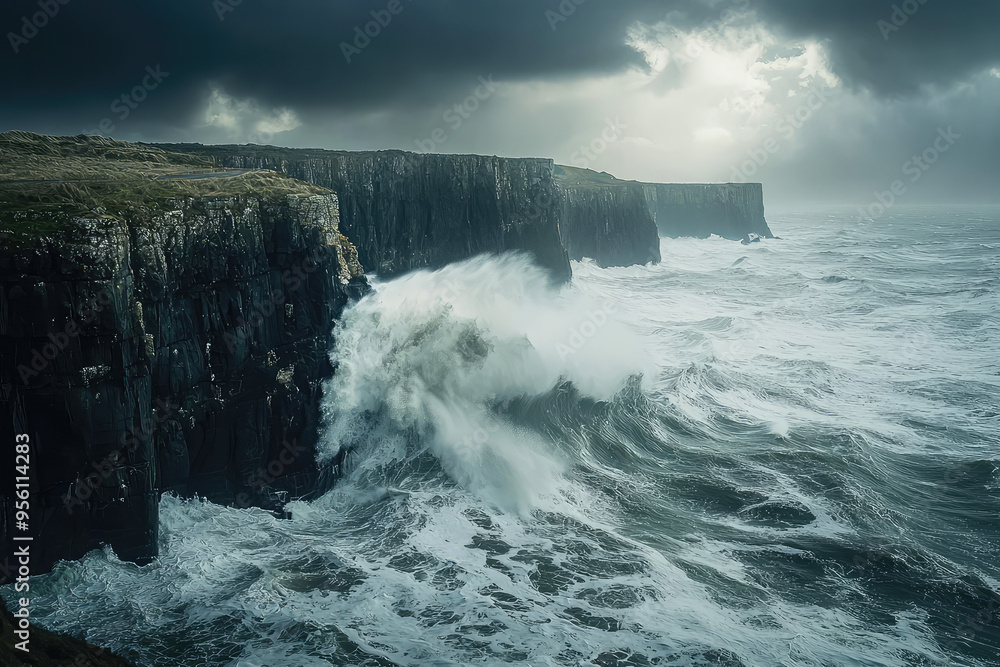 Fototapeta premium Dramatic Waves Crashing Against Rugged Cliffs Under a Stormy Sky