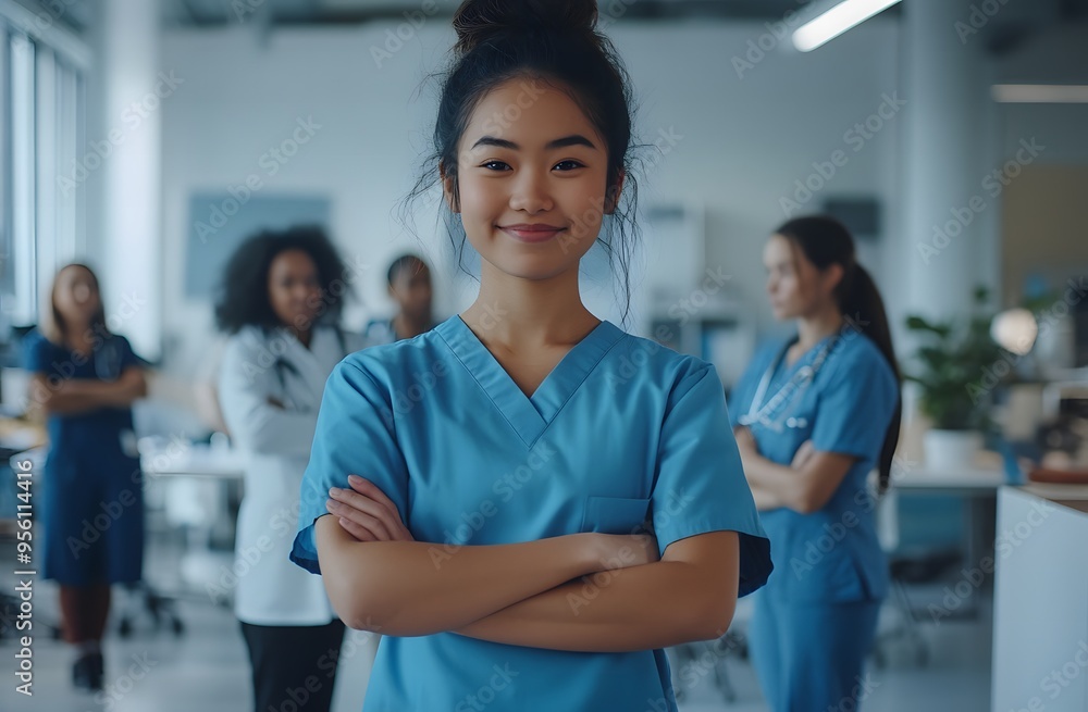 Portrait of young woman nurse at hospital corridor Portrait of young woman nurse at hospital corridor
