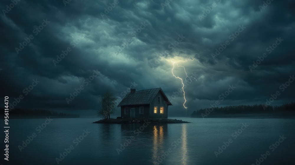 A small, solitary house centered on a calm river, surrounded by dark storm clouds, one lightning bolt piercing the sky A small, solitary house centered on a calm river, surrounded by dark storm clouds, one lightning bolt piercing the sky