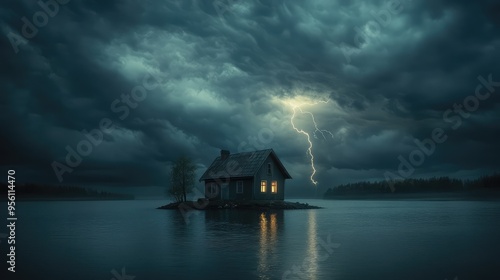 A small, solitary house centered on a calm river, surrounded by dark storm clouds, one lightning bolt piercing the sky