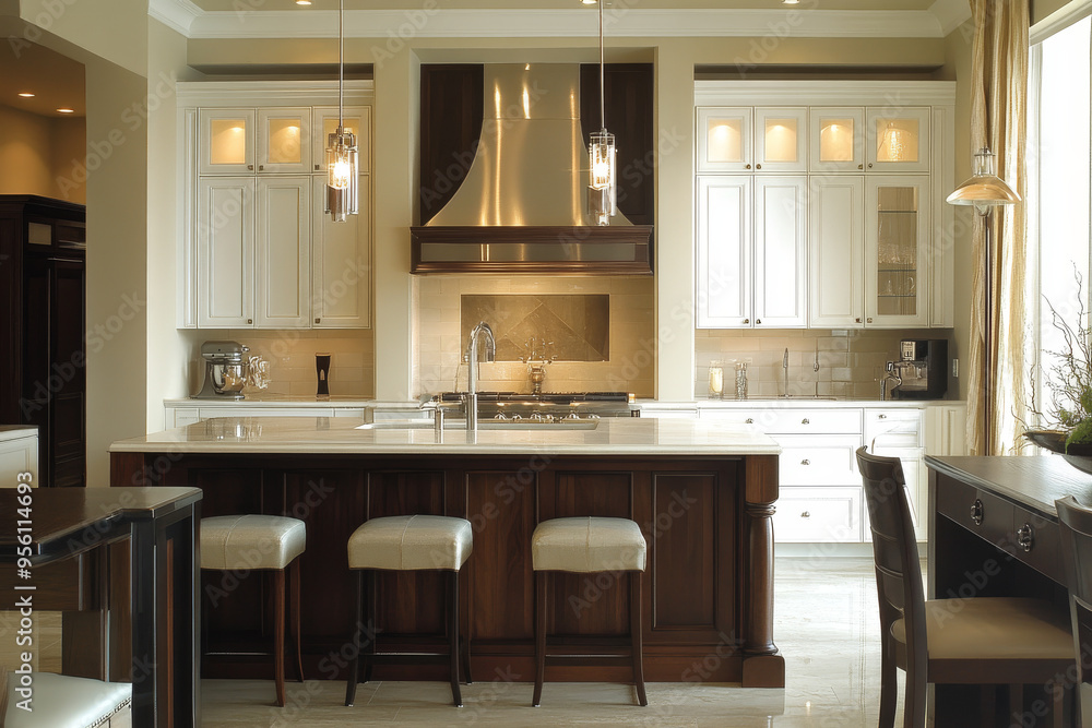 Modern luxury kitchen with island, white cabinets, and dark wood accents in a high-end home interior. Modern luxury kitchen with island, white cabinets, and dark wood accents in a high-end home interior.