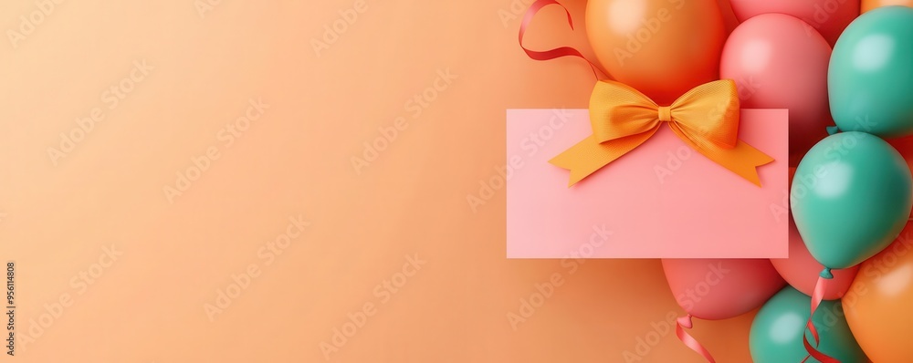 Gift voucher with a festive balloon pattern and bright ribbon, party-ready design, 3D illustration Gift voucher with a festive balloon pattern and bright ribbon, party-ready design, 3D illustration