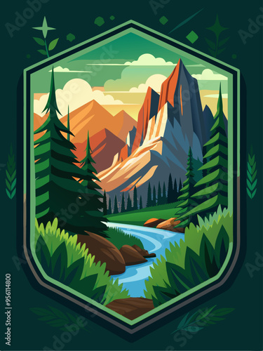 Mountainous Landscape with River and Forest in Hexagon Frame