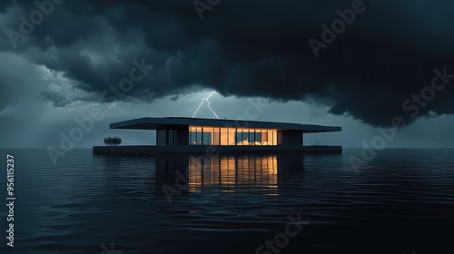 Ultra-minimal house on a river island, surrounded by a dark storm cloud, a single bolt of lightning lighting up the scene