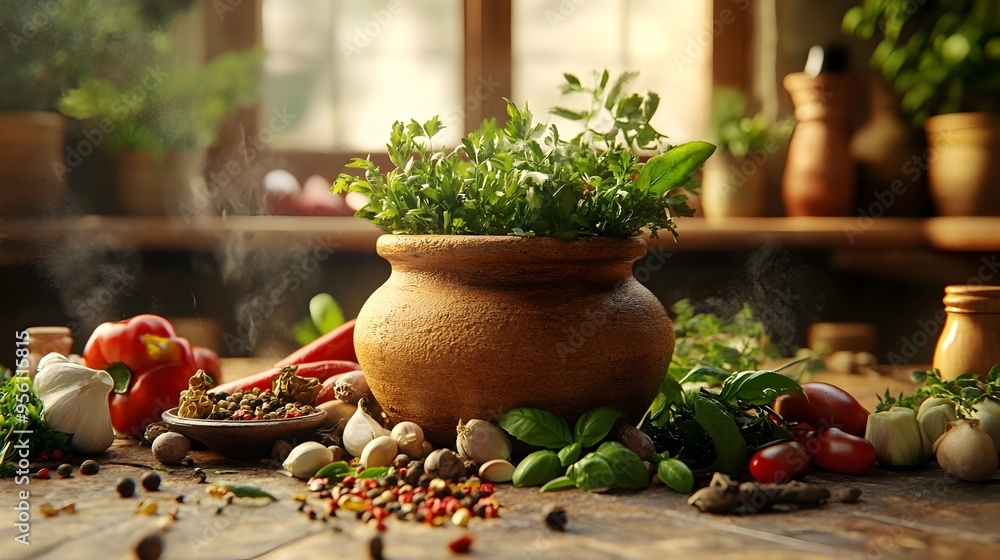 Aromatic Spices and Fresh Herbs in Traditional Clay Pot Aromatic Spices and Fresh Herbs in Traditional Clay Pot