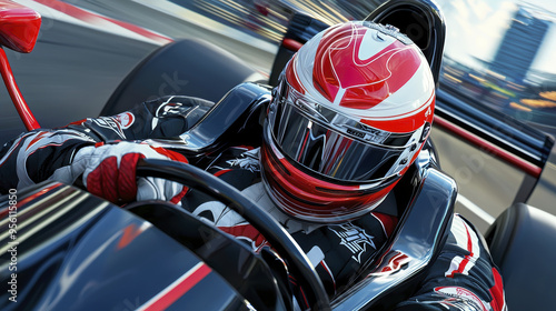 Speeding racecar driver in sleek vehicle, showcasing intense focus and adrenaline. dynamic motion captures thrill of racing.