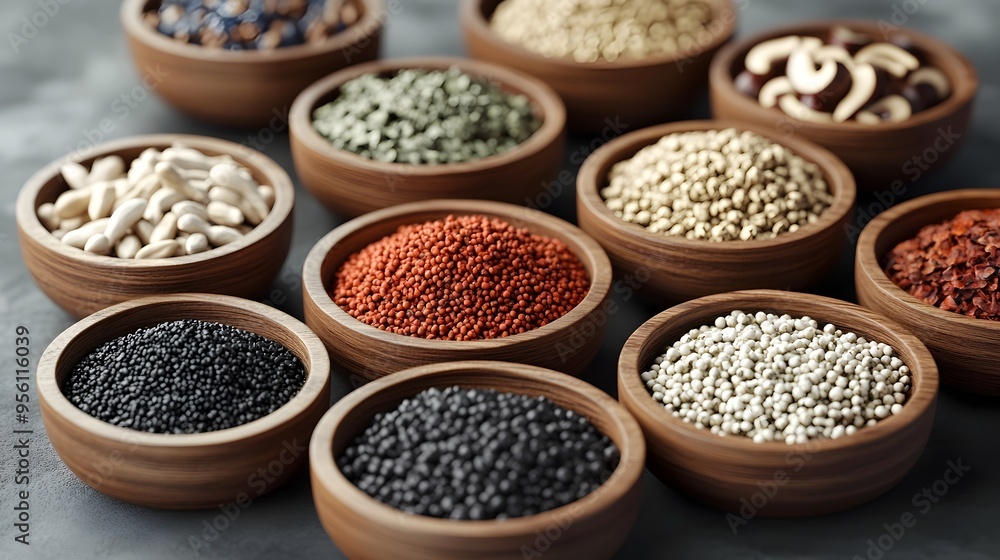 Arrangement of Diverse Asian Spices and Seasonings in Bowls Arrangement of Diverse Asian Spices and Seasonings in Bowls