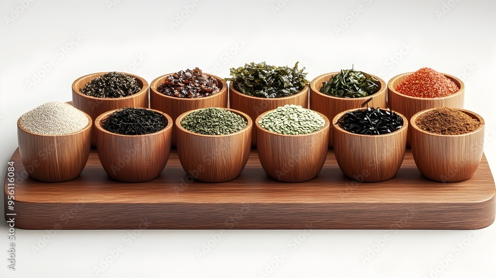 Arrangement of Japanese Spices and Dried Seaweed on Wooden Board Arrangement of Japanese Spices and Dried Seaweed on Wooden Board