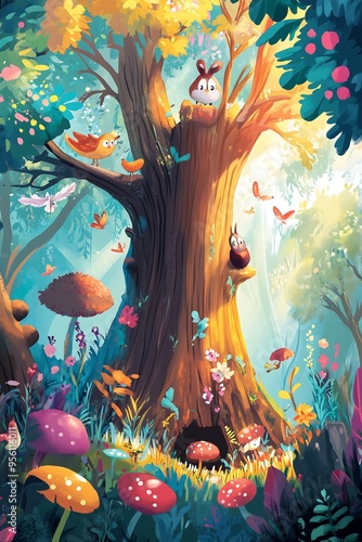 Enchanted Forest Realm, Magical Tree and Whimsy Creatures
