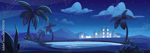 Cartoon Arabian desert landscape at night with sand dunes, palm trees on shore of lake, city or village on horizon under moonlight. Vector illustration of dark panorama scene with ancient city.