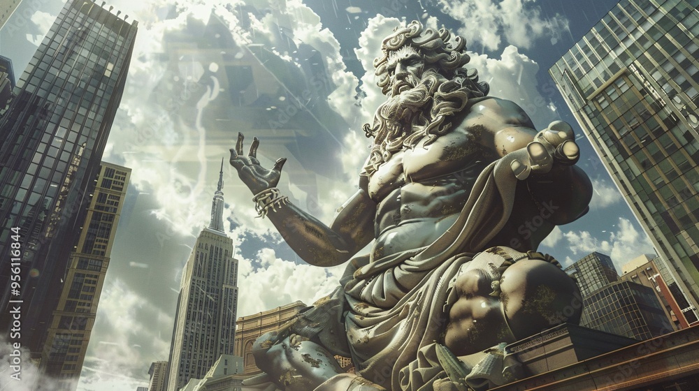 Fototapeta premium Giant Statue of Poseidon in a City Skyline