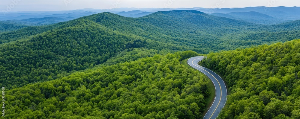 Aerial view of winding mountain road through forest Aerial view of winding mountain road through forest