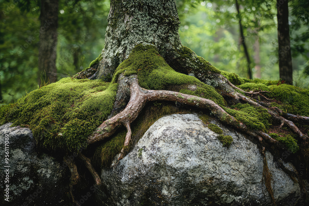 A Thick Tapestry of Nature: Tree Roots Embrace a Moss-Covered Boulder A Thick Tapestry of Nature: Tree Roots Embrace a Moss-Covered Boulder