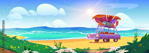 Car with baggage on top parked on summer beach. Vector cartoon illustration of sunny seascape with sand, flowers and grass, travel luggage and boat on auto, family vacation background, sun in sky