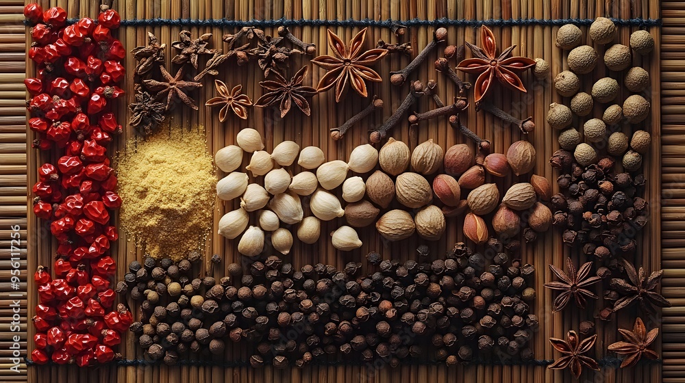 Assorted Chinese Five Spice Ingredients on Bamboo Mat Assorted Chinese Five Spice Ingredients on Bamboo Mat