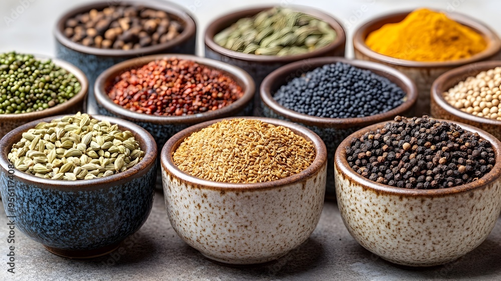 Assorted Ethiopian Spices Neatly Arranged in Ceramic Bowls Assorted Ethiopian Spices Neatly Arranged in Ceramic Bowls